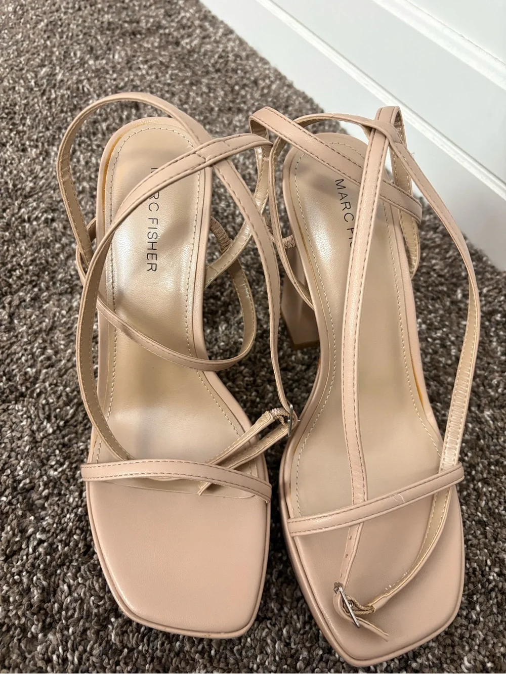 Marc Fisher Blush Beige Platform Block Heel Ankle Wrap Sandals